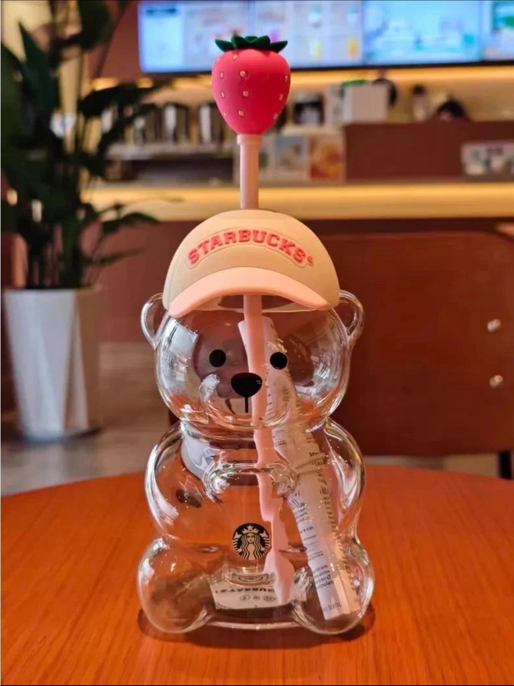 NWT Starbucks Bearista Pink Bear Glass Tumbler Cold Cup with Straw